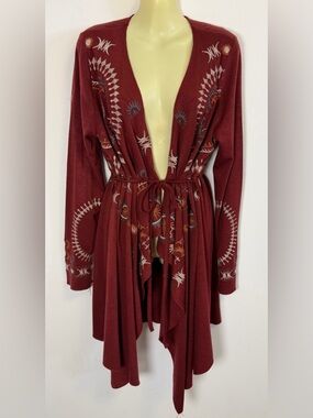 Monoreno Bohemian Embroidered Wine Red Tie-Waist Cardigan
